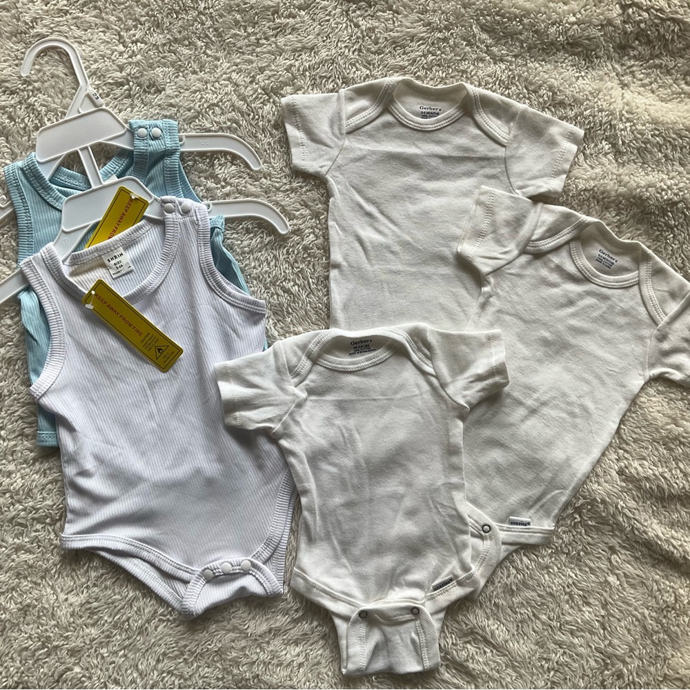 Gerber + Shein White and Light Blue Bodysuits Set